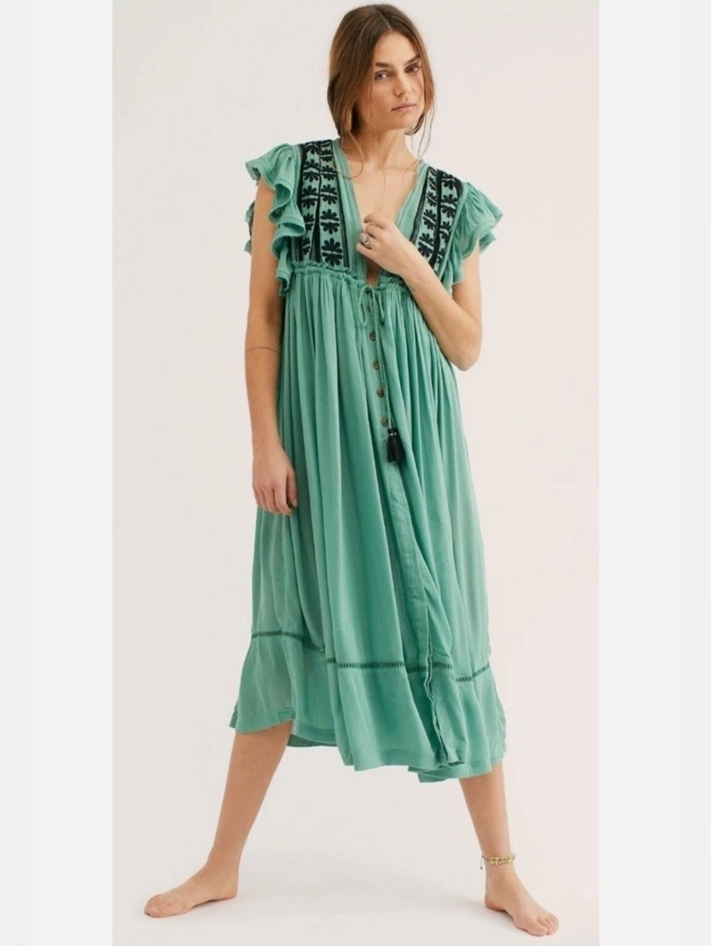 Free People Bali "Will Wait For You" Midi-dress In Turquoise Green. Size: Small.